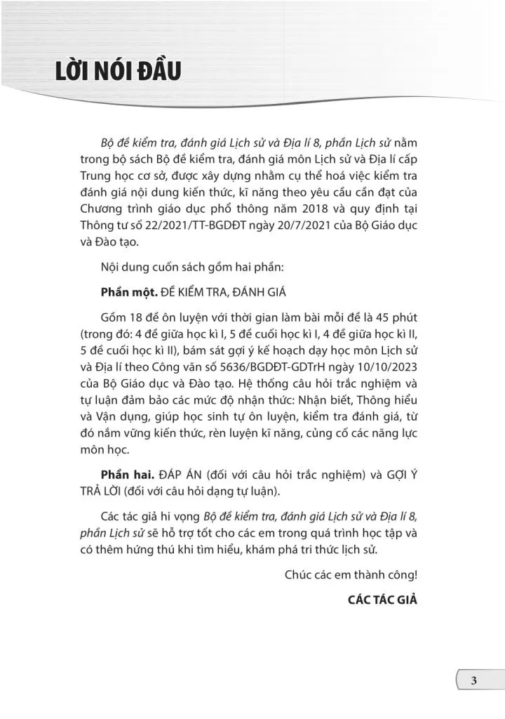 BỘ ĐỀ KIỂM TRA, ĐÁNH GIÁ LỊCH SỬ VÀ ĐỊA LÍ LỚP 8 - PHẦN LỊCH SỬ (Theo chương trình GDPT 2018)